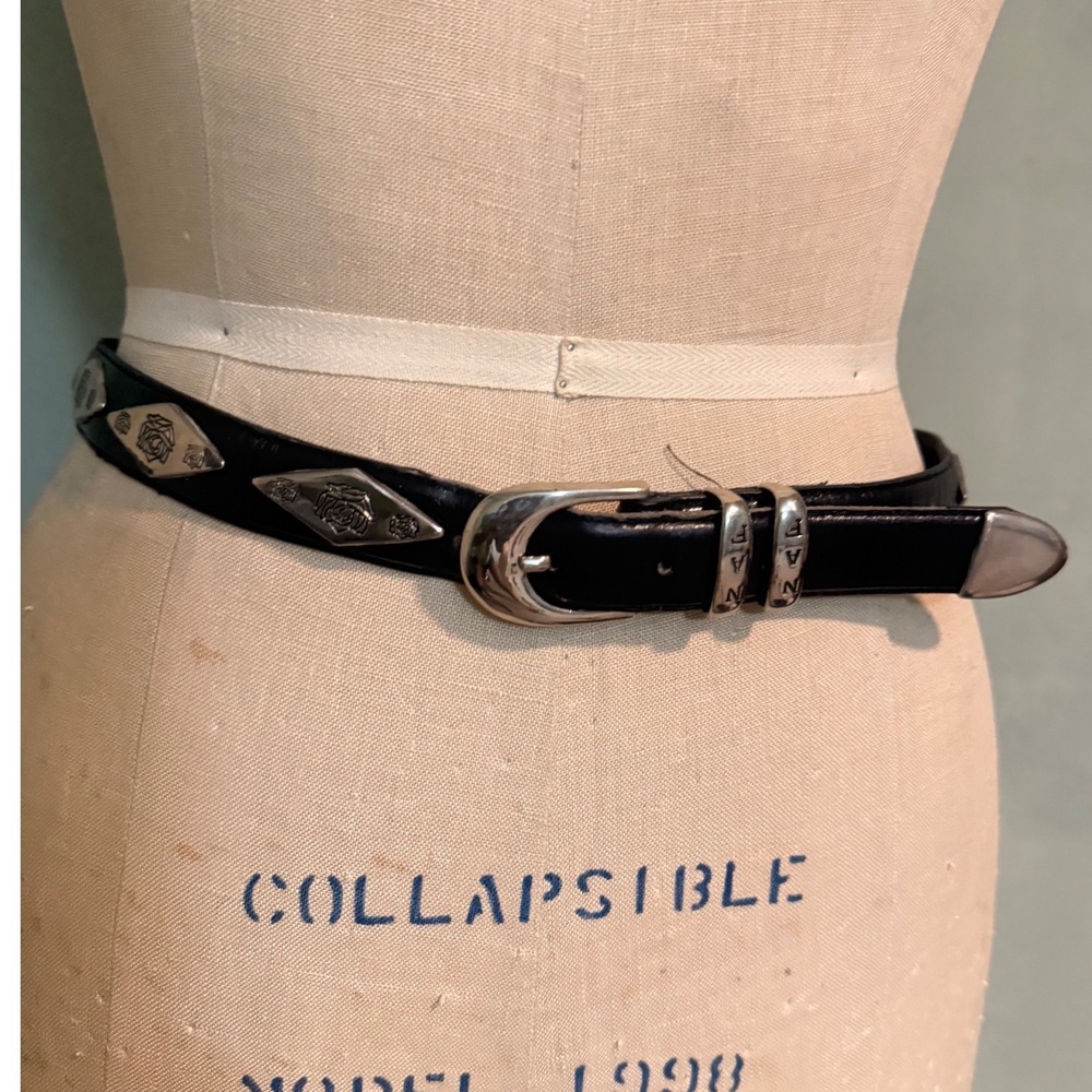 Naf Naf Vintage Black Leather Western Belt Silver Rose Concho Diamond Studded